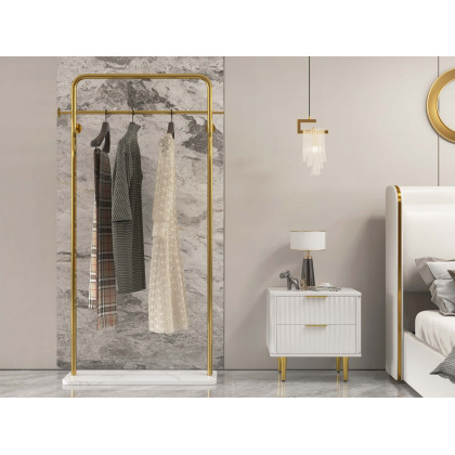 HMR - Metal Freestanding Cloth Rail Rack with Hooks and Marble Base in Gold