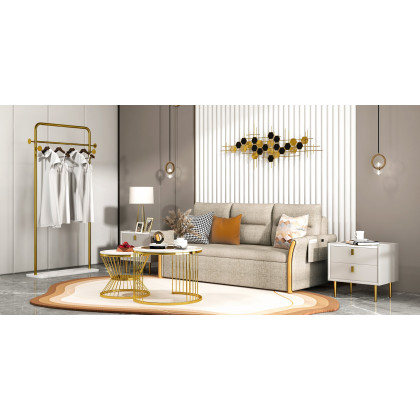 HMR - Metal Freestanding Cloth Rail Rack with Hooks and Marble Base in Gold