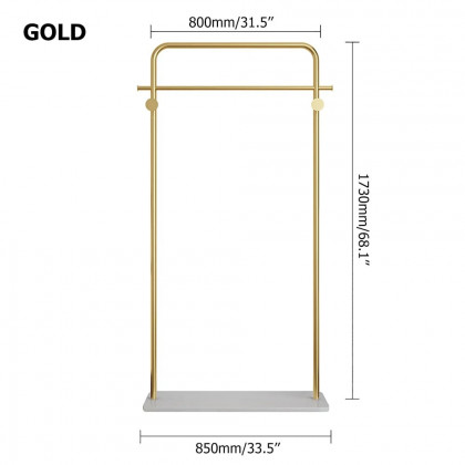 HMR - Metal Freestanding Cloth Rail Rack with Hooks and Marble Base in Gold