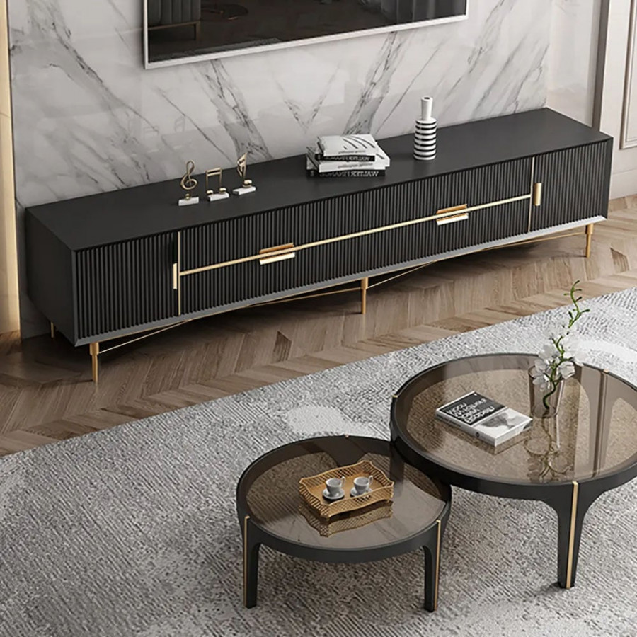 HMR - Scandinavian TV Stand 4-Drawer 2-Door Media Console in Black