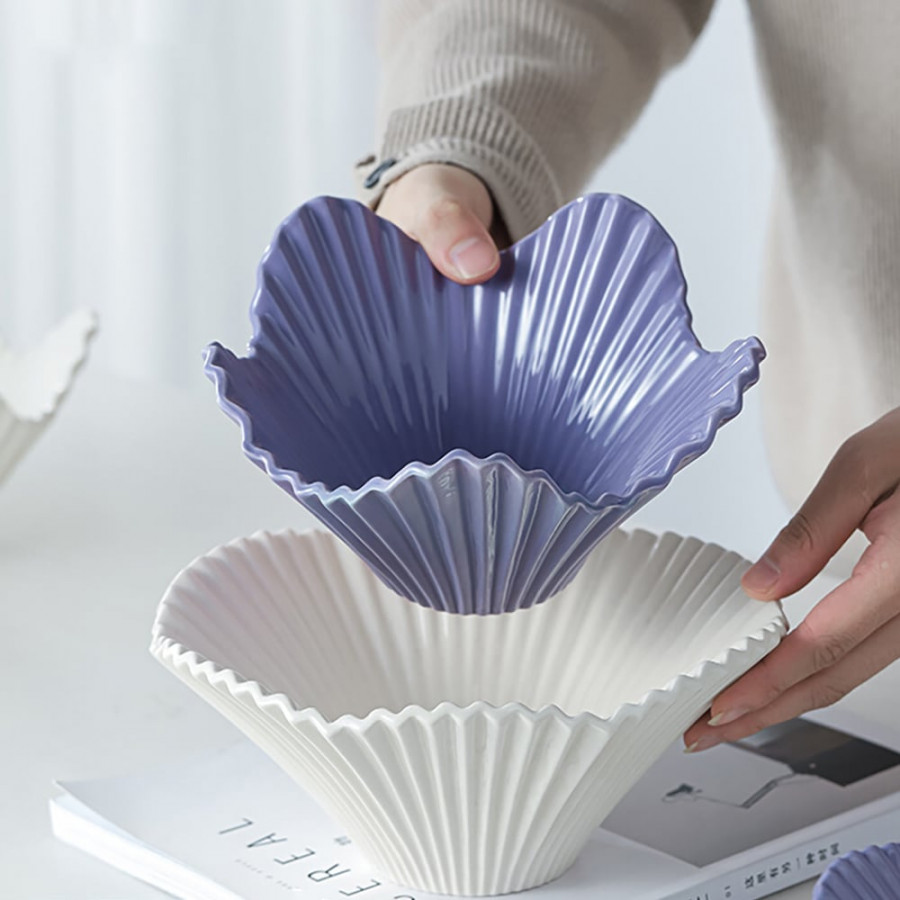 HMR - Set of 2 Ceramic Origami Fruit Bowls Decor Plates in White & Purple