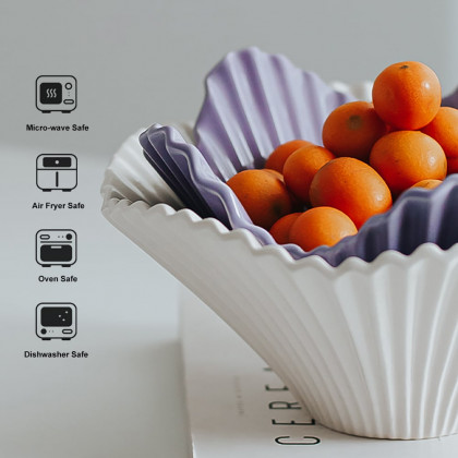 HMR - Set of 2 Ceramic Origami Fruit Bowls Decor Plates in White & Purple