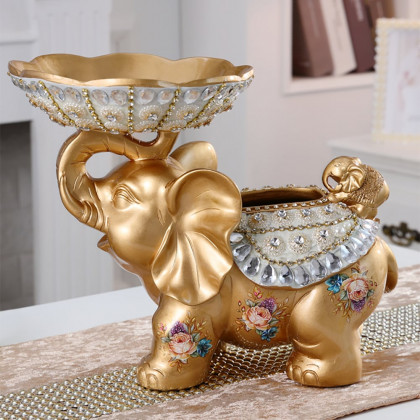 HMR - Gold & White Elephant Fruit Basket with Tissue Box Resin Snack Tray Decor