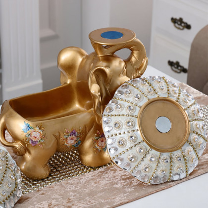 HMR - Gold & White Elephant Fruit Basket with Tissue Box Resin Snack Tray Decor