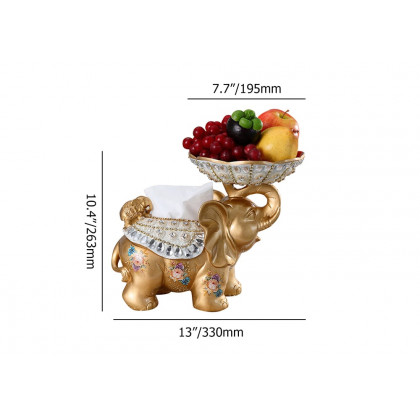 HMR - Gold & White Elephant Fruit Basket with Tissue Box Resin Snack Tray Decor
