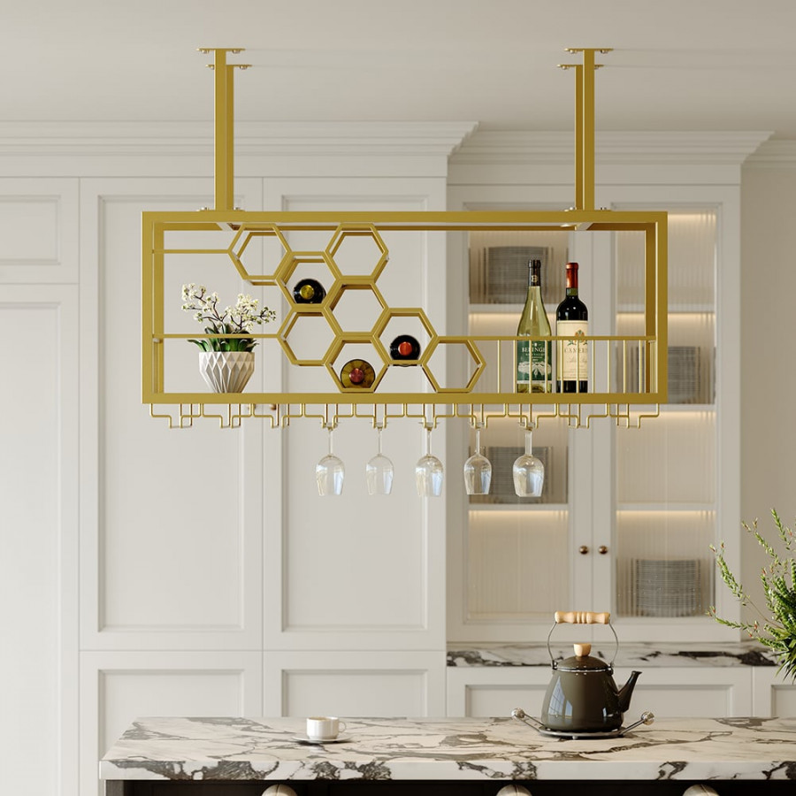 HMR - 38'' Metal Hanging Wine Rack Golden Bar Shelf Floating Wine Glass Holder