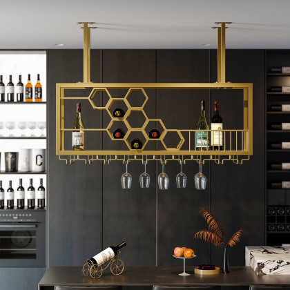 HMR - 38'' Metal Hanging Wine Rack Golden Bar Shelf Floating Wine Glass Holder