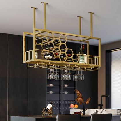 HMR - 38'' Metal Hanging Wine Rack Golden Bar Shelf Floating Wine Glass Holder