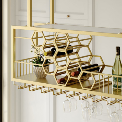 HMR - 38'' Metal Hanging Wine Rack Golden Bar Shelf Floating Wine Glass Holder