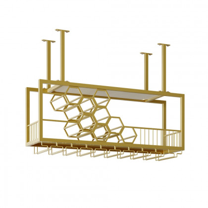 HMR - 38'' Metal Hanging Wine Rack Golden Bar Shelf Floating Wine Glass Holder