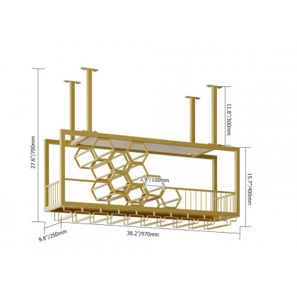 HMR - 38'' Metal Hanging Wine Rack Golden Bar Shelf Floating Wine Glass Holder