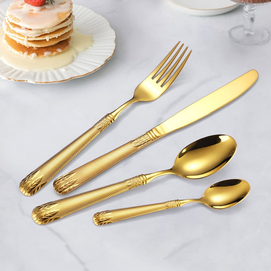 HMR - Luxury Gold Unique Flatware Set for 12 Embossed Stainless Steel Kitchen Cutlery Set