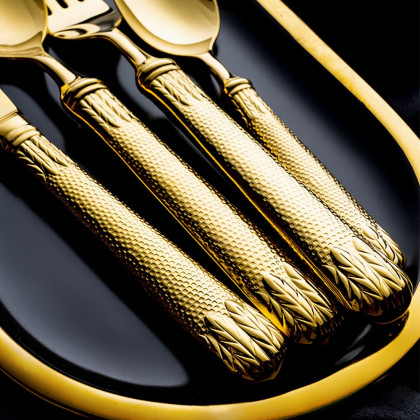 HMR - Luxury Gold Unique Flatware Set for 12 Embossed Stainless Steel Kitchen Cutlery Set