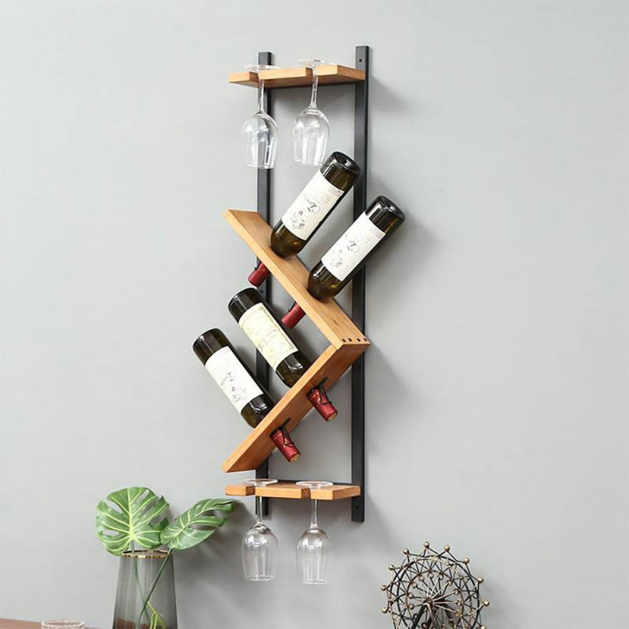 HMR - Modern Wall Mounted Wood Wine Rack 4-Bottle & 4 Wine Glass Rack Stemware Holder Rack