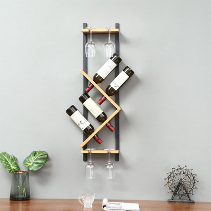 HMR - Modern Wall Mounted Wood Wine Rack 4-Bottle & 4 Wine Glass Rack Stemware Holder Rack