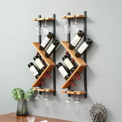 HMR - Modern Wall Mounted Wood Wine Rack 4-Bottle & 4 Wine Glass Rack Stemware Holder Rack