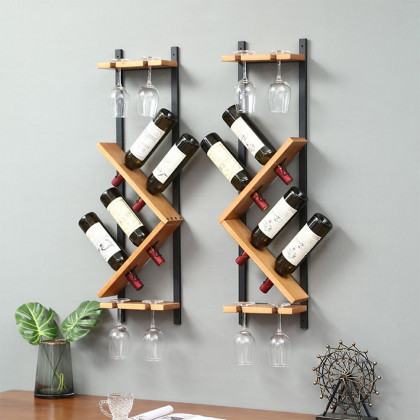 HMR - Modern Wall Mounted Wood Wine Rack 4-Bottle & 4 Wine Glass Rack Stemware Holder Rack