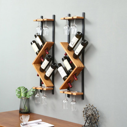 HMR - Modern Wall Mounted Wood Wine Rack 4-Bottle & 4 Wine Glass Rack Stemware Holder Rack