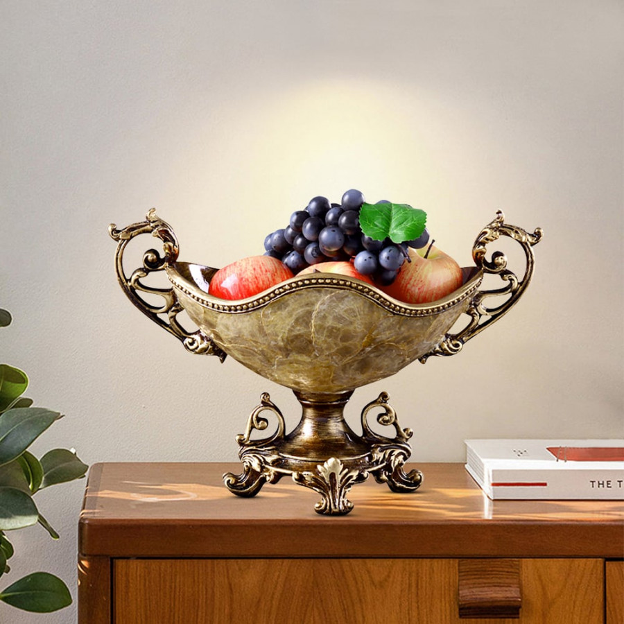 HMR - Shellium Brown Fruit Basket Decorative Bowl Resin & Shell Snack Tray