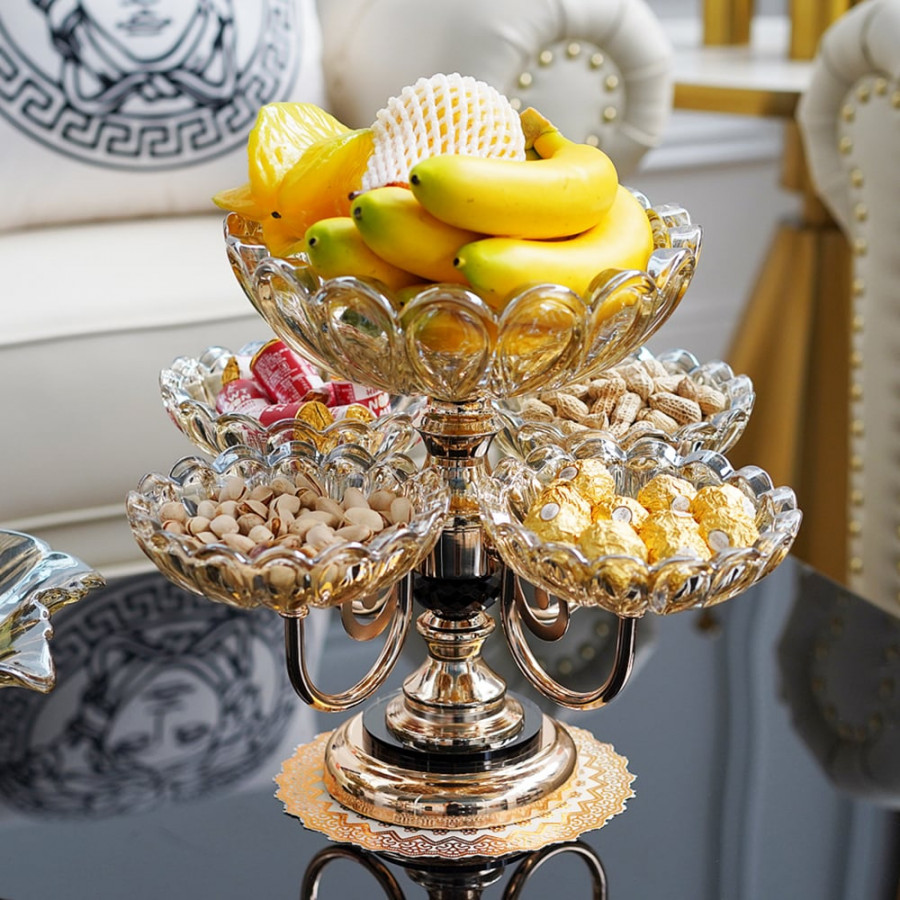 HMR - Rotatable Glass Fruit Basket Multilayer Decor Bowl with Base in Rose Gold