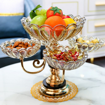 HMR - Rotatable Glass Fruit Basket Multilayer Decor Bowl with Base in Rose Gold