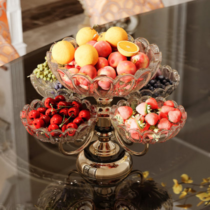 HMR - Rotatable Glass Fruit Basket Multilayer Decor Bowl with Base in Rose Gold