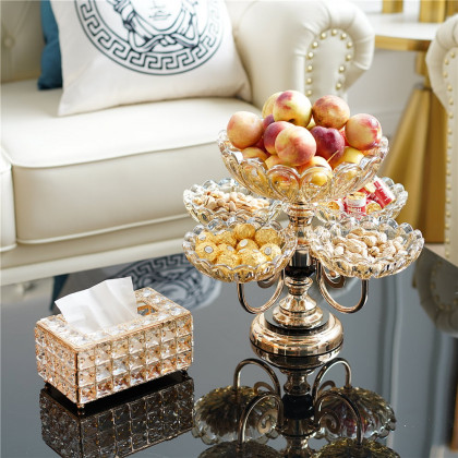 HMR - Rotatable Glass Fruit Basket Multilayer Decor Bowl with Base in Rose Gold