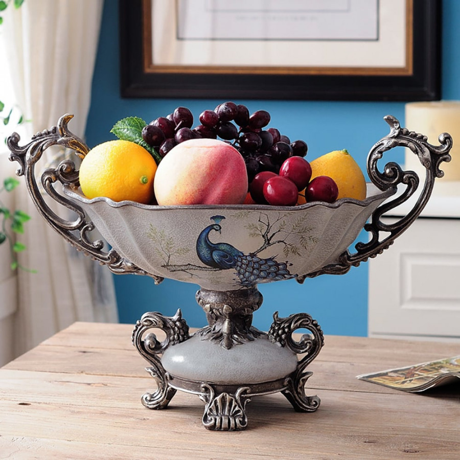 HMR - Gray & Blue Resin Fruit Basket Bowl Decor Snack Tray Storage with Handle