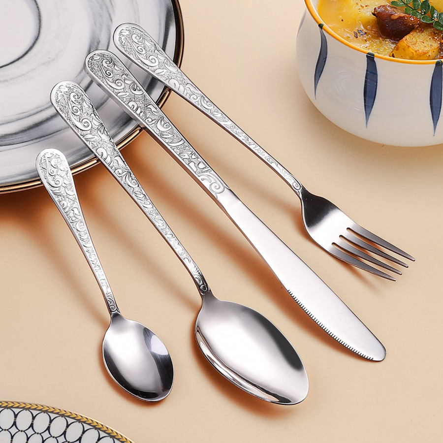 HMR - Vintage 48-Piece Engraved Flatware Set Stainless Steel Silver Kitchen Cutlery Set for 12