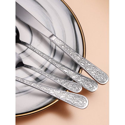 HMR - Vintage 48-Piece Engraved Flatware Set Stainless Steel Silver Kitchen Cutlery Set for 12