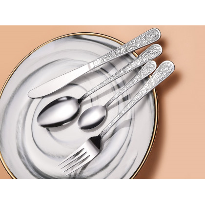 HMR - Vintage 48-Piece Engraved Flatware Set Stainless Steel Silver Kitchen Cutlery Set for 12
