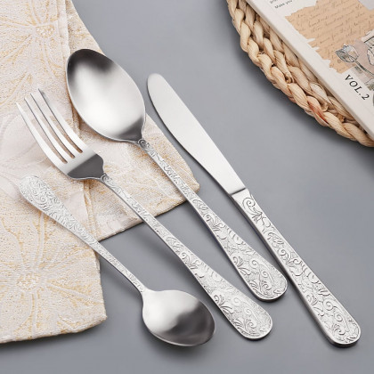 HMR - Vintage 48-Piece Engraved Flatware Set Stainless Steel Silver Kitchen Cutlery Set for 12