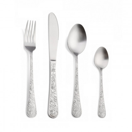 HMR - Vintage 48-Piece Engraved Flatware Set Stainless Steel Silver Kitchen Cutlery Set for 12