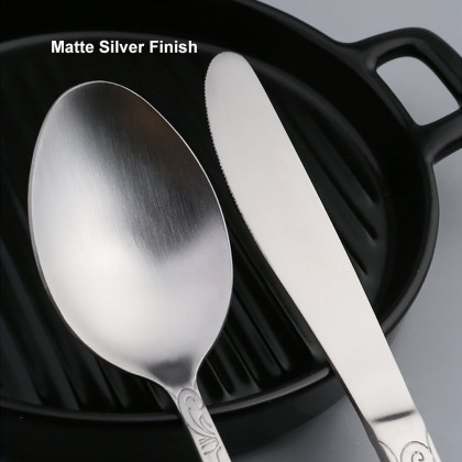 HMR - Vintage 48-Piece Engraved Flatware Set Stainless Steel Silver Kitchen Cutlery Set for 12