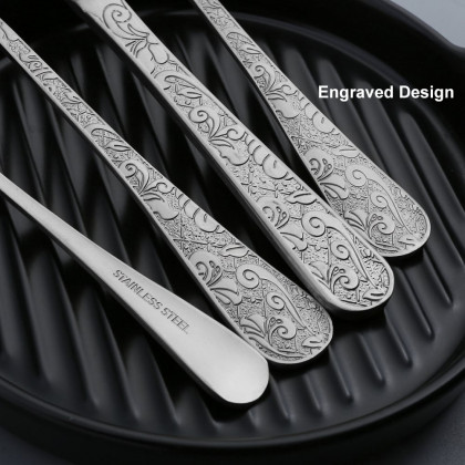 HMR - Vintage 48-Piece Engraved Flatware Set Stainless Steel Silver Kitchen Cutlery Set for 12