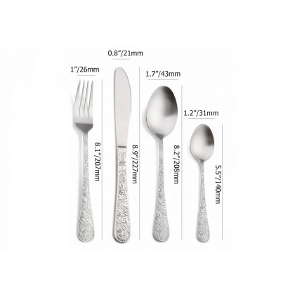 HMR - Vintage 48-Piece Engraved Flatware Set Stainless Steel Silver Kitchen Cutlery Set for 12