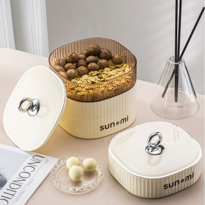 HMR - 3 Tiered Beige Divided Serving Tray with Lid Plastic Decor Food Storage Containers