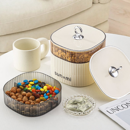 HMR - 3 Tiered Beige Divided Serving Tray with Lid Plastic Decor Food Storage Containers