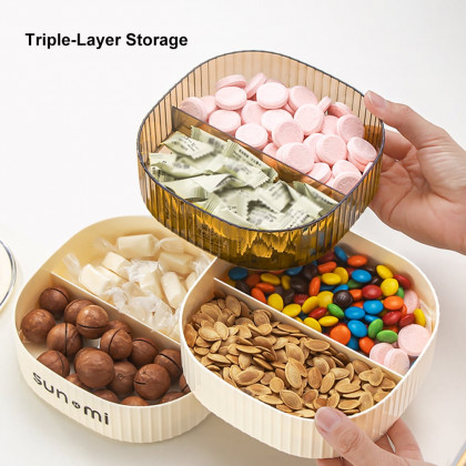HMR - 3 Tiered Beige Divided Serving Tray with Lid Plastic Decor Food Storage Containers