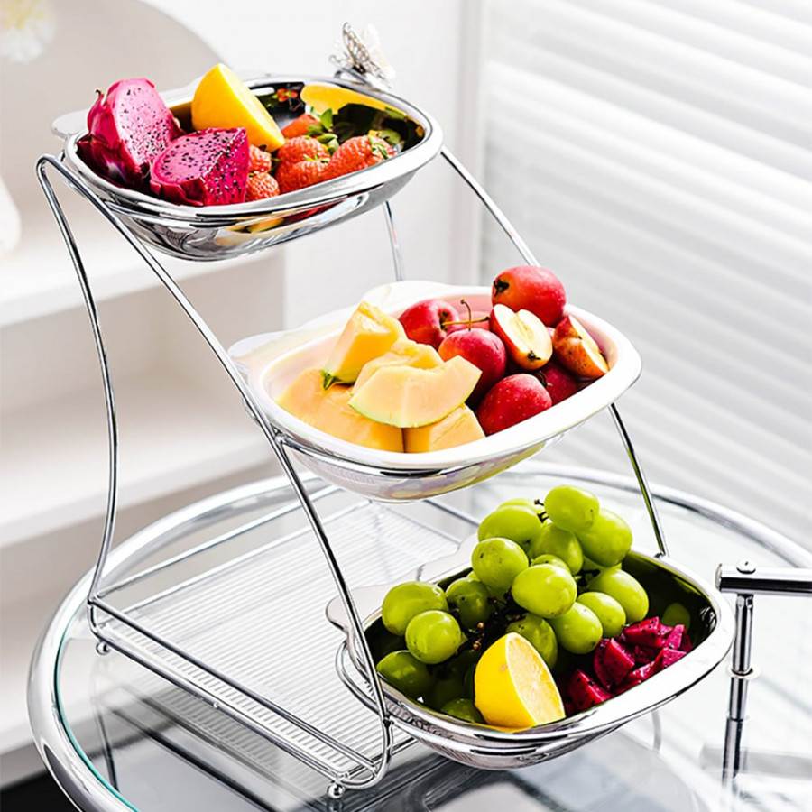 HMR - 3 Tiered White & Silver Fruit Basket Decor Ceramic Snack Tray with Acrylic Storage