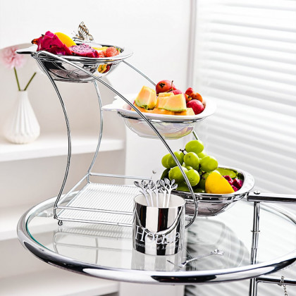 HMR - 3 Tiered White & Silver Fruit Basket Decor Ceramic Snack Tray with Acrylic Storage