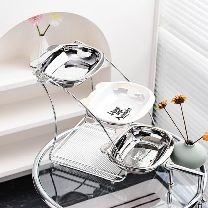 HMR - 3 Tiered White & Silver Fruit Basket Decor Ceramic Snack Tray with Acrylic Storage