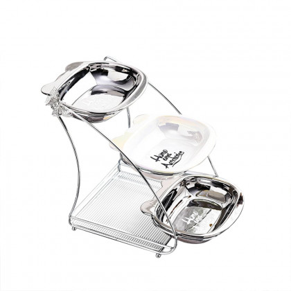 HMR - 3 Tiered White & Silver Fruit Basket Decor Ceramic Snack Tray with Acrylic Storage