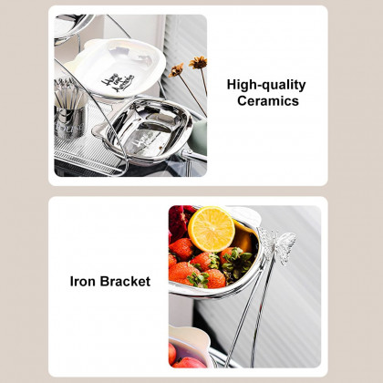 HMR - 3 Tiered White & Silver Fruit Basket Decor Ceramic Snack Tray with Acrylic Storage