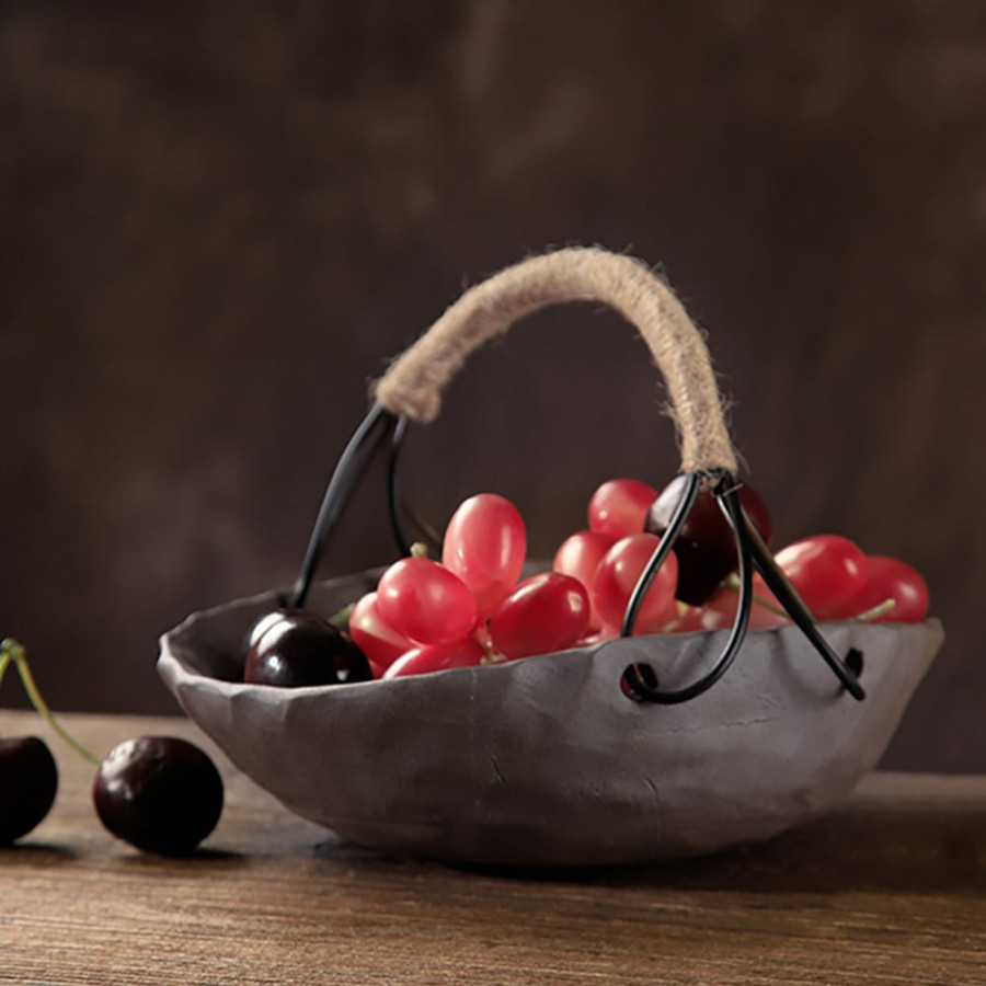 HMR - Oval Porcelain Fruit Bowl with Handle in Brown Distressed Fruit Basket Decor
