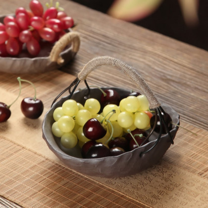 HMR - Oval Porcelain Fruit Bowl with Handle in Brown Distressed Fruit Basket Decor