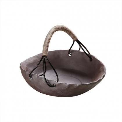 HMR - Oval Porcelain Fruit Bowl with Handle in Brown Distressed Fruit Basket Decor