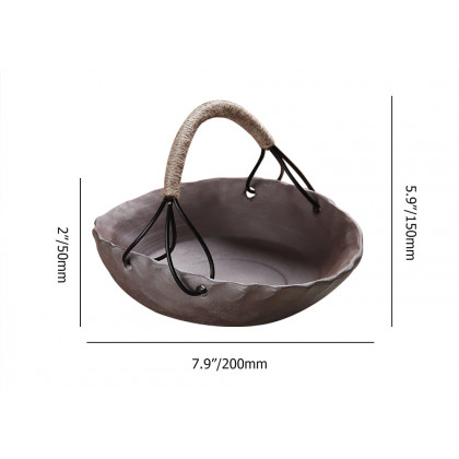 HMR - Oval Porcelain Fruit Bowl with Handle in Brown Distressed Fruit Basket Decor