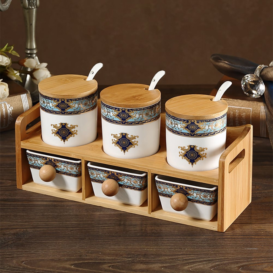 HMR - 2-Tier 6 Jar Spice Seasoning Jar & Rack Set Ceramic Organizers with Lid in White