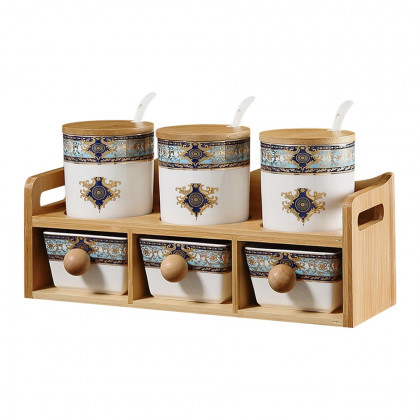 HMR - 2-Tier 6 Jar Spice Seasoning Jar & Rack Set Ceramic Organizers with Lid in White
